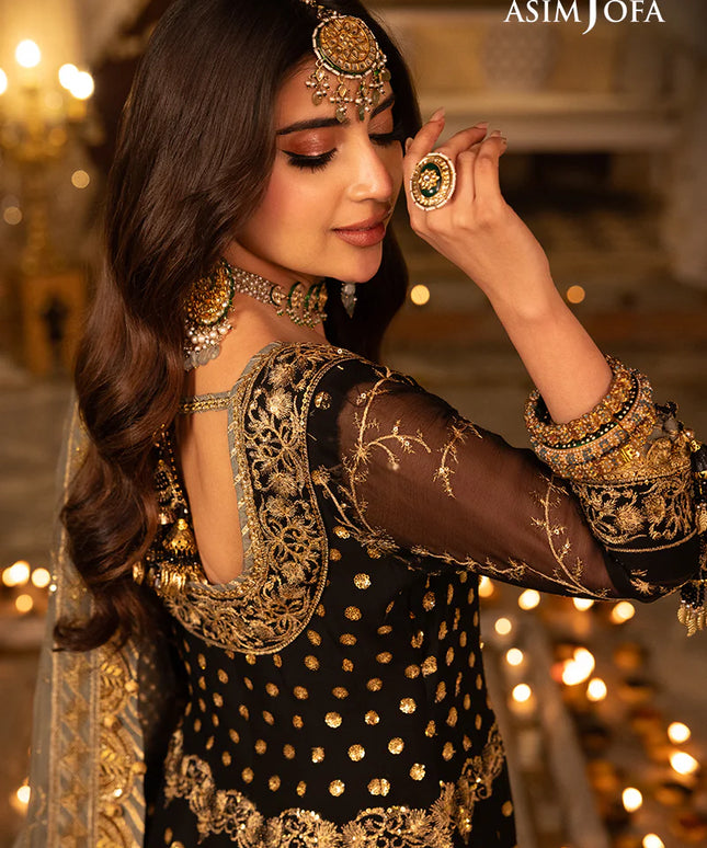 Asim Jofa | Black Embroidered Chiffon Angrakha