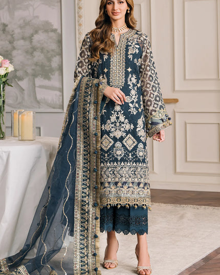 BAROQUE | Teal Embroidered Chiffon Suit