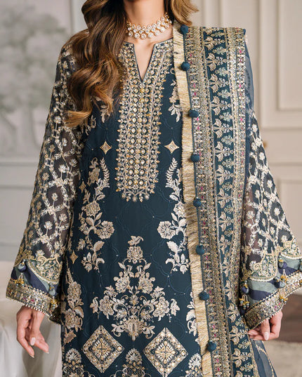 BAROQUE | Teal Embroidered Chiffon Suit