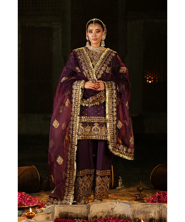 Zareen Gul | Dark Purple Embroidered Raw Silk Suit