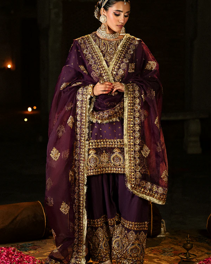 Zareen Gul | Dark Purple Embroidered Raw Silk Suit