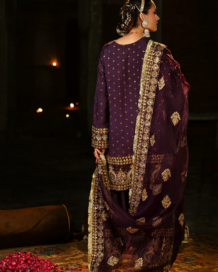 Zareen Gul | Dark Purple Embroidered Raw Silk Suit