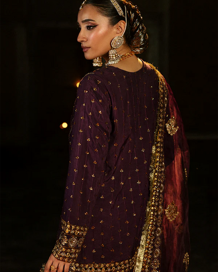 Zareen Gul | Dark Purple Embroidered Raw Silk Suit