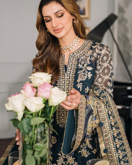 BAROQUE | Teal Embroidered Chiffon Suit