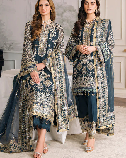 BAROQUE | Teal Embroidered Chiffon Suit