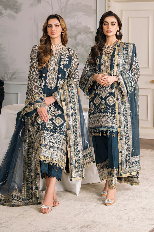 BAROQUE | Teal Embroidered Chiffon Suit