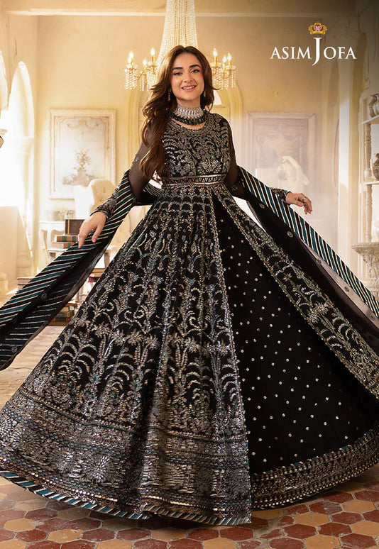 Asim Jofa | Festive Embroidered Black Chiffon Lehenga