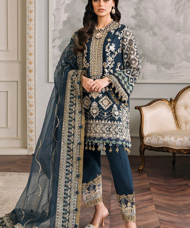 BAROQUE | Teal Embroidered Chiffon Suit