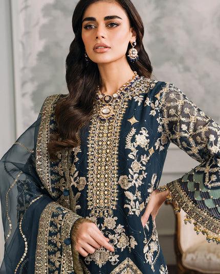 BAROQUE | Teal Embroidered Chiffon Suit