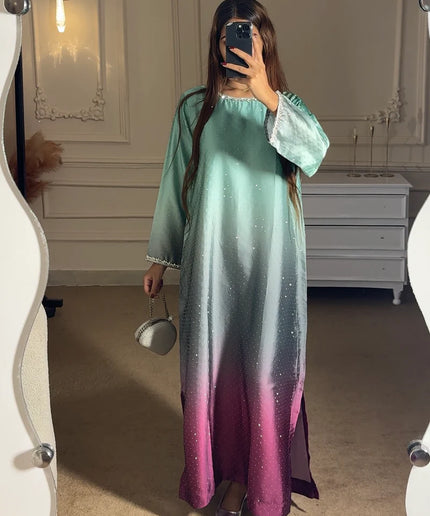 Ombre | Ombre Shimmer Mint Green, Silver & Maroon Kaftan