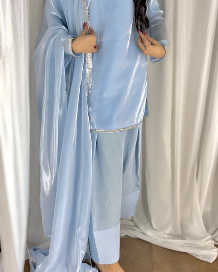 Neelofar | Light Pastel Blue Silk Embellished Suit