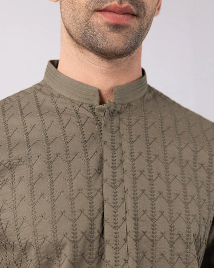 2 Piece | Brown Schiffli Embroidered Cotton Kurta Shalwar