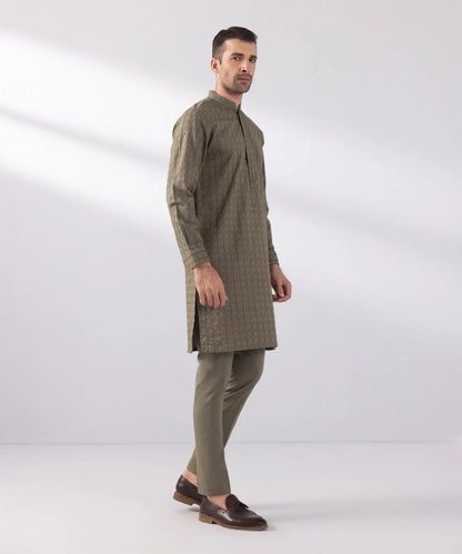 2 Piece | Brown Schiffli Embroidered Cotton Kurta Shalwar