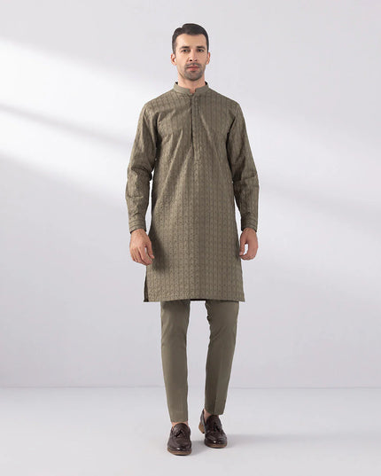 2 Piece | Brown Schiffli Embroidered Cotton Kurta Shalwar