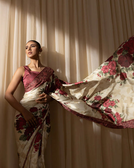 Malti | Maroon Ivory Floral Satin Saree