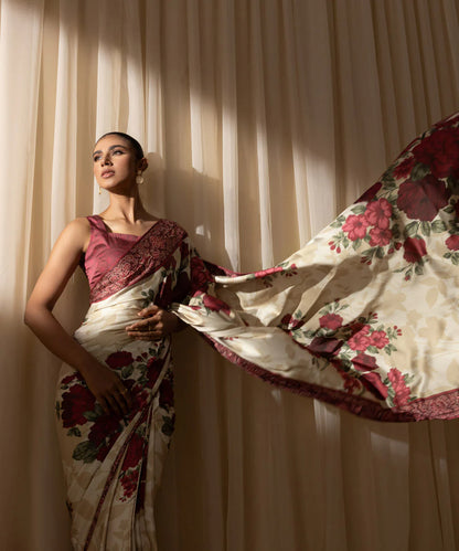 Malti | Maroon Ivory Floral Satin Saree