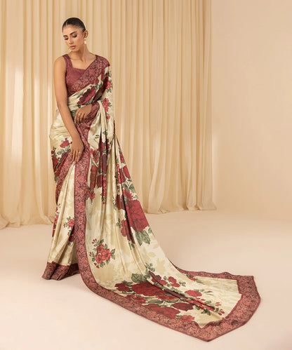 Malti | Maroon Ivory Floral Satin Saree