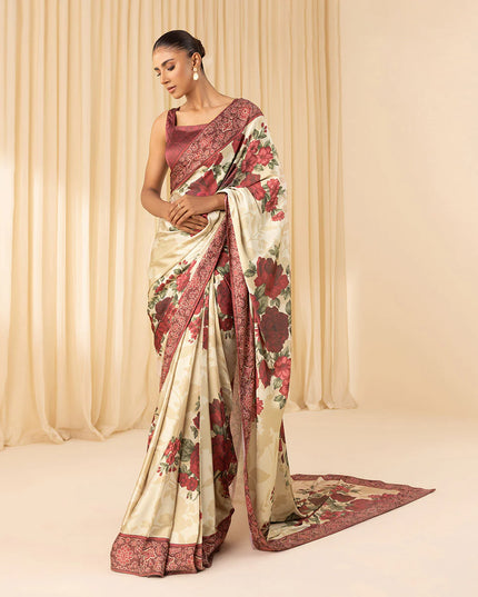 Malti | Maroon Ivory Floral Satin Saree