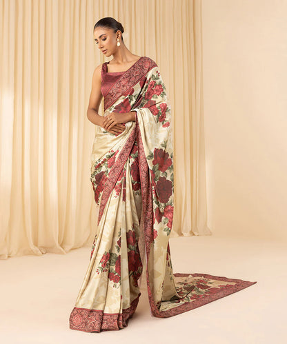 Malti | Maroon Ivory Floral Satin Saree