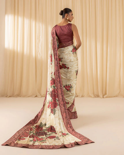 Malti | Maroon Ivory Floral Satin Saree