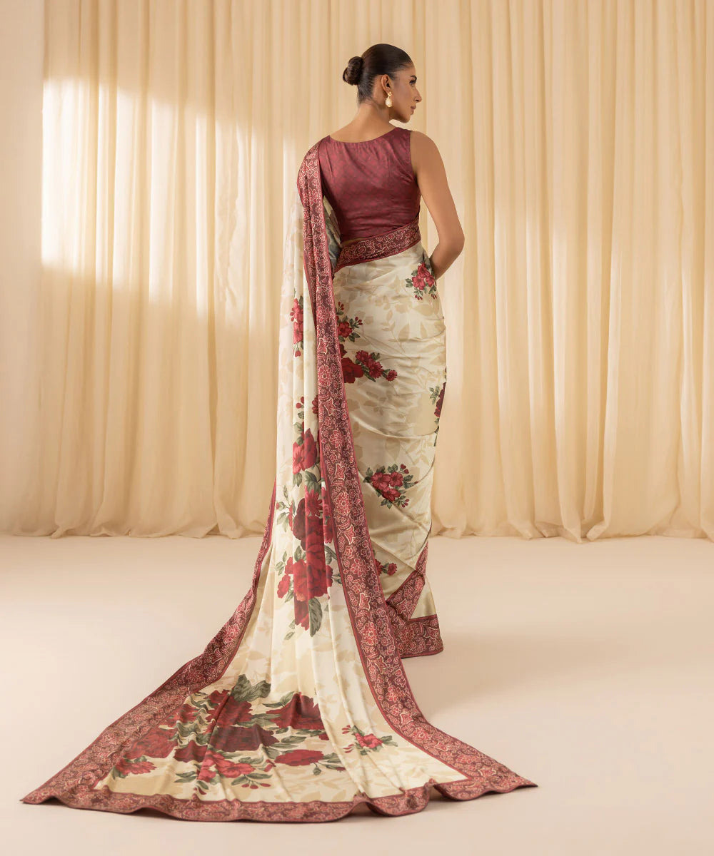 Malti | Maroon Ivory Floral Satin Saree