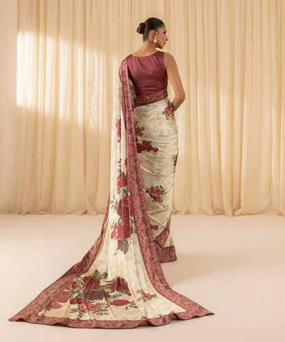 Malti | Maroon Ivory Floral Satin Saree