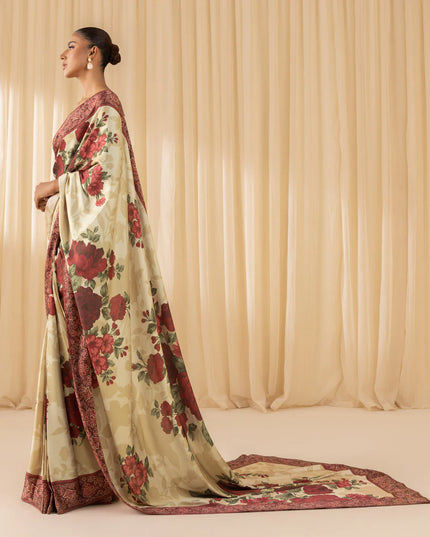 Malti | Maroon Ivory Floral Satin Saree
