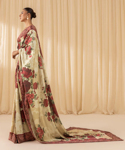 Malti | Maroon Ivory Floral Satin Saree