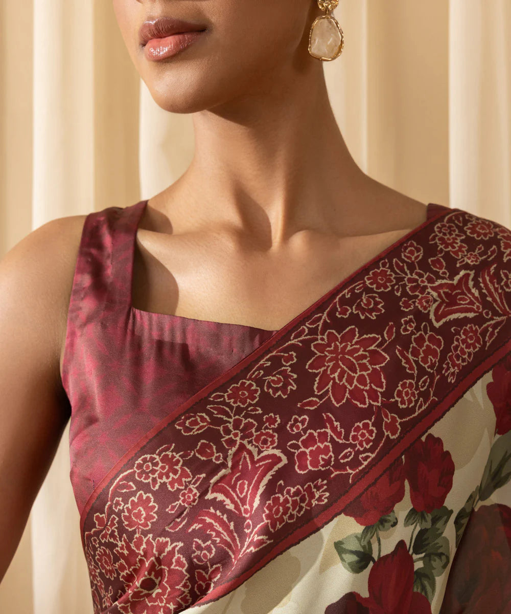 Malti | Maroon Ivory Floral Satin Saree