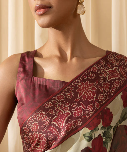 Malti | Maroon Ivory Floral Satin Saree