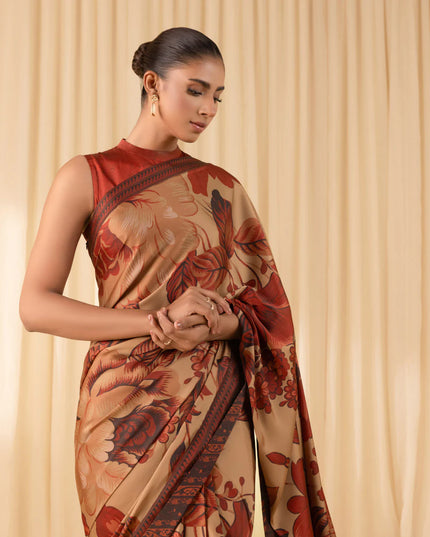 Celina | Rust Printed Satin Saree