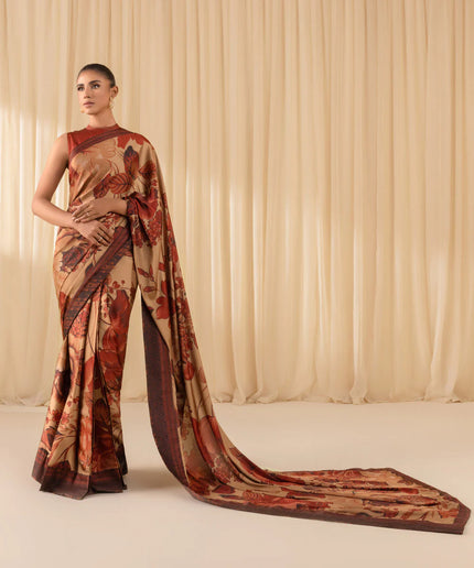 Celina | Rust Printed Satin Saree