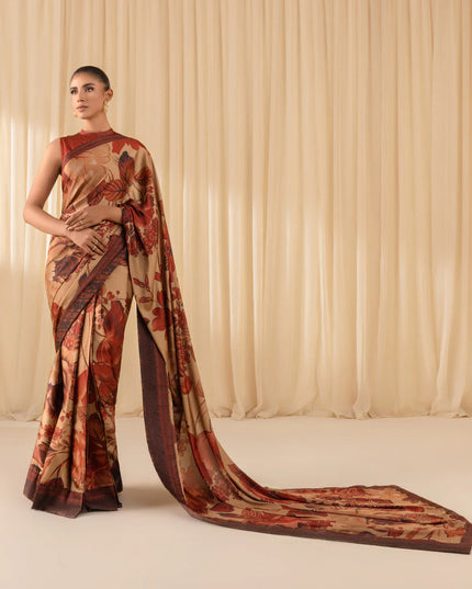 Celina | Rust Printed Satin Saree