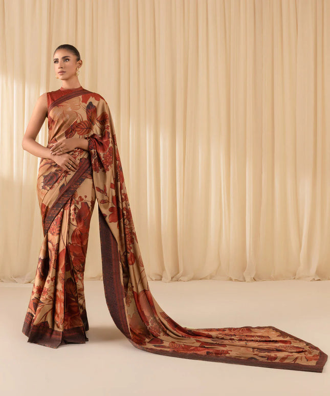 Celina | Rust Printed Satin Saree