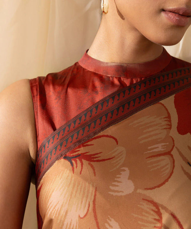 Celina | Rust Printed Satin Saree