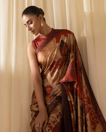 Celina | Rust Printed Satin Saree