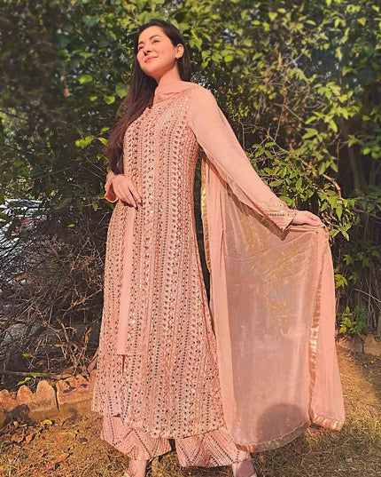 Ufaq | Peach Chikenkari Embellished Gown