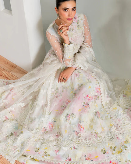 BAROQUE | White Floral Net Embroidered Pishwas Lehenga
