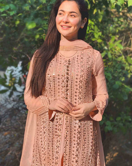 Ufaq | Peach Chikenkari Embellished Gown