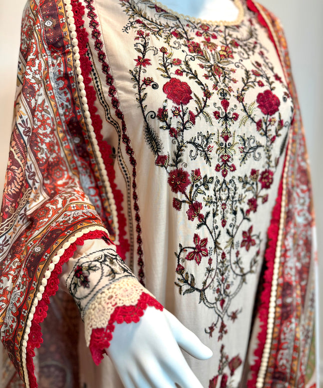 Asim Jofa Ivory Rose Embroidered 3-Piece Suit