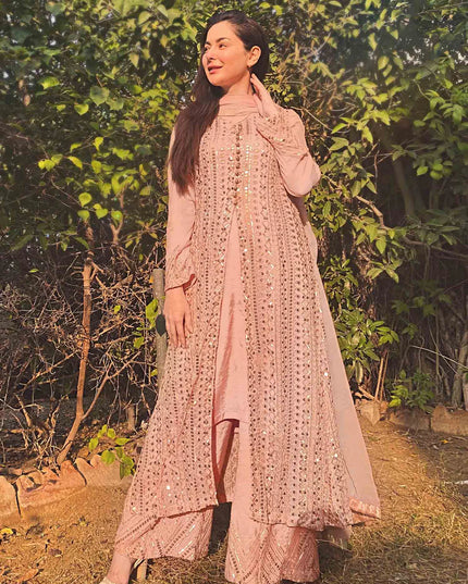 Ufaq | Peach Chikenkari Embellished Gown