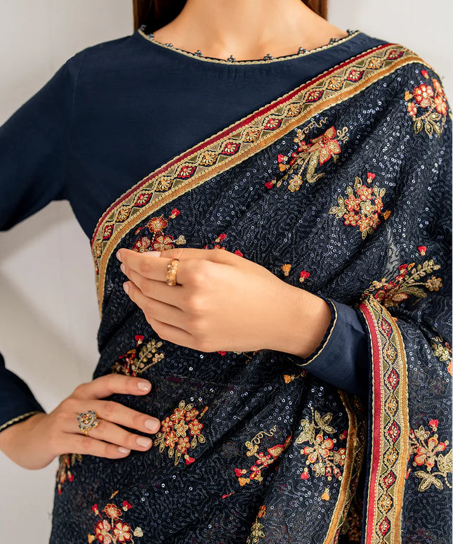 Meesha | Blue Embroidered Silk Saree