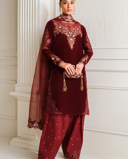 Baroque | Maroon Velvet Embroidered Suit