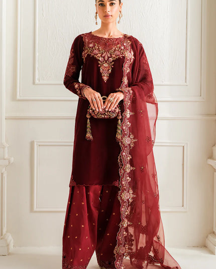 Baroque | Maroon Velvet Embroidered Suit