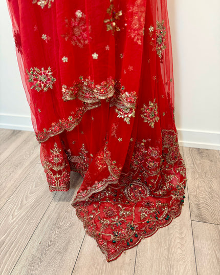 Luxury Crimson Bridal Saree Gown – Hand Embellished Wedding Formal