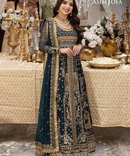 Asim Jofa | Green Embroidered Chiffon Maxi Dress
