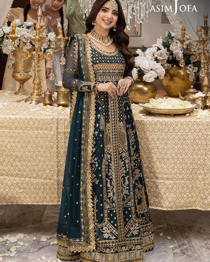 Asim Jofa | Green Embroidered Chiffon Maxi Dress