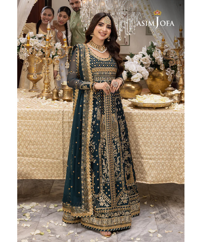 Asim Jofa | Green Embroidered Chiffon Maxi Dress