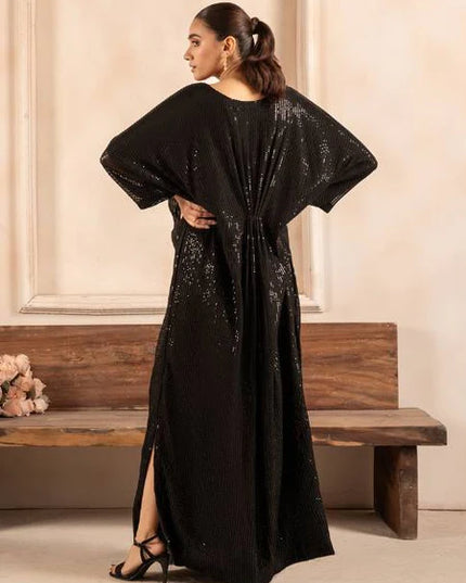 Surmayi | Black Chiffon Embroidered Kaftan