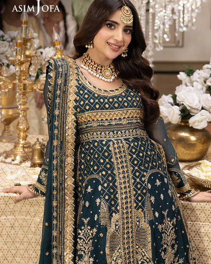 Asim Jofa | Green Embroidered Chiffon Maxi Dress